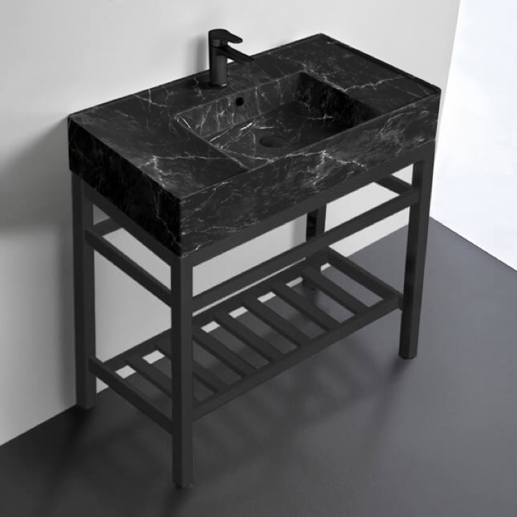 Scarabeo 5123-G-CON2-BLK 32 Inch Black Marble Style Console Sink Vanity, Ceramic Sink with Counter Space, Black Metal Stand